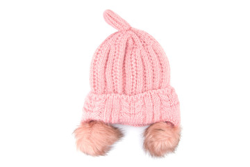 Fototapeta na wymiar Pink wool knitted hat isolated on white background.