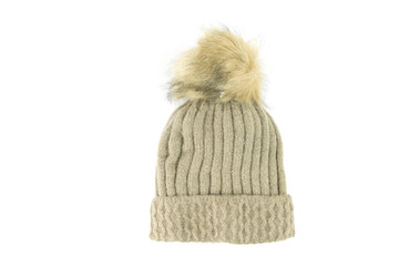 Brown wool knitted hat isolated on white background.