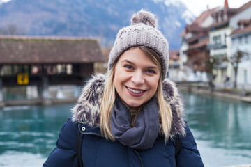 Smiling tourist in Interlaken, Switzerland