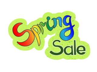 Naklejka premium Message Spring sale. Colorfull hand lettring Spring sale on green background. It is a hand drawn. Lettering on banner, logo, flayer, label, icon, badge, sticker. Vector illustration EPS 10