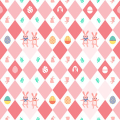 Decorated Easter eggs and cute bunnies on white and pink seamless pattern