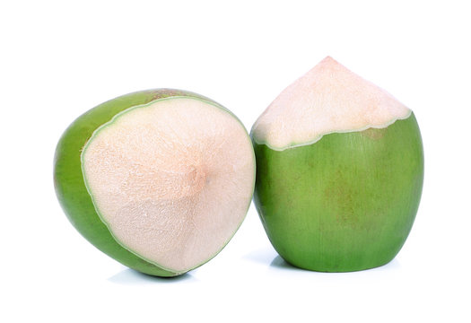 Fresh Green Coconut Ready To Open Isolated On White Background