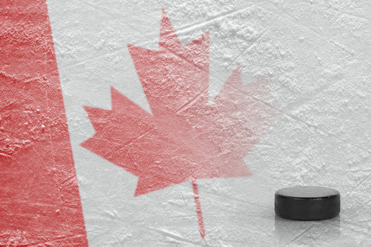 Image of the Canadian flag with a hockey puck