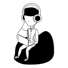 avatar young man sitting on a bean  bag and using a laptop computer and headphones over white background, vector illustration