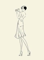 Illustration of fashion girl in evening dress with photo camera