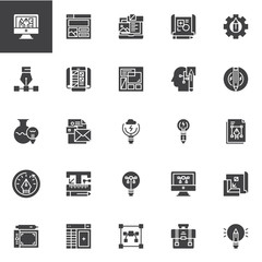 Idea and Creativity vector icons set, modern solid symbol collection, filled style pictogram pack. Signs, logo illustration. Set includes icons as drawing tools, Computer graphic, Content design