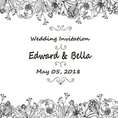 Vintage wedding invitation. Hand drawn vector meadow flowers and roses. Black and white illustration.