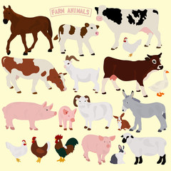 A collection of farm animals on a light background