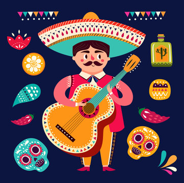 llustration with mexican and guitar 