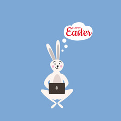 Cute easter bunny with laptop, vector cartoon style, illustration, isolated