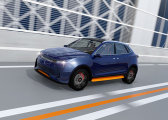 Fototapeta na wymiar Metallic blue autonomous electric SUV driving on the highway. 3D rendering image. 