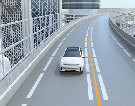 Front view of white electric SUV driving on the highway. 3D rendering image. 