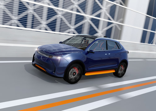 Metallic blue autonomous electric SUV driving on the highway. 3D rendering image. 
