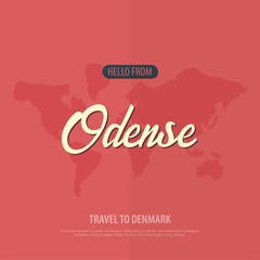 Hello from Odense. Travel to Denmark. Touristic greeting card. Vector illustration