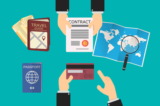 executive goes to a travel agency, the agent extends a vacation service contract.