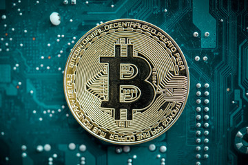 Bitcoin BTC the new virtual electronic money with electronic circuit background  