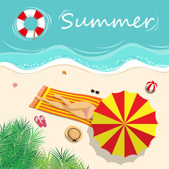 vector illustration. sexy girl in bikini sunbathing on the beach with beach umbrella and beach fashion accessory at tropical country in summer season. summer background concept