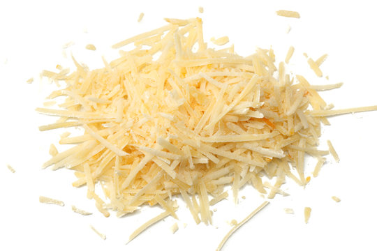 grated cheese isolated on white background. top view