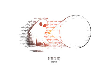 Searching concept. Hand drawn ghost searching something with flashlight in his hand. Looking for something and analyzing concept isolated vector illustration.