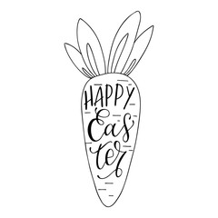 Happy Easter greeting card. Hand drawn carrot and handwritten text inside