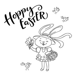 Handwritten text Hoppy Easter and hand drawn birds, flowers, cute bunny girl with eggs