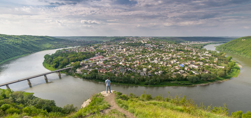 Dnister River and Zalishchyky city in summer, viewpoint in Khreshchatyk village, Ukraine