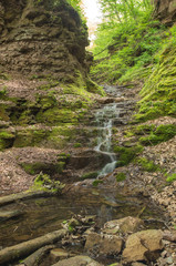 Obraz premium Beatiful waterfall in spring forest. Carpathian, Ukraine.