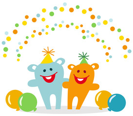 Two laughing party animals are celebrating arm in arm between balloons and under a shower of confetti	
