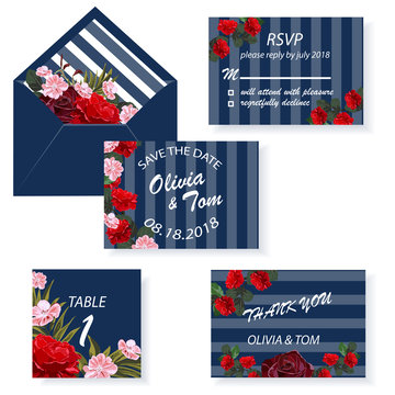 Wedding invitation. Colorful set of wedding cards - thank you, save the date, RSVP, table number, envelope. Romantic floral design on blue striped background.