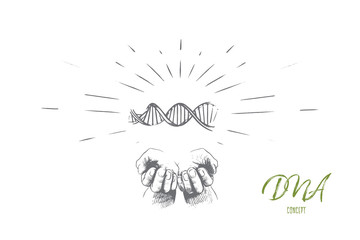 DNA concept. Hand drawn human hands with symbol of DNA. Structure of DNA isolated vector illustration.