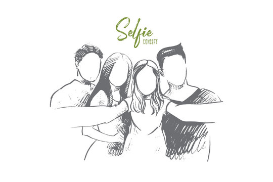 Selfie concept. Hand drawn group of people taking selfie. Friends taking selfie and laughing isolated vector illustration.