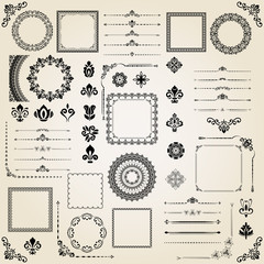 Vintage set of horizontal, square and round elements. Different elements for decoration design, frames, cards, menus, backgrounds and monograms. Classic patterns. Set of vintage patterns
