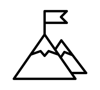 Mountain peak top with flag or goal with high ambitions line art vector icon for apps and websites