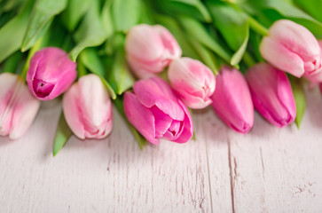 Tulips on the white wooden background