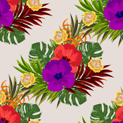 Seamless tropical background with hibiscuses and exotic leaves. Design for cloth, wallpaper, gift wrapping. Print for silk, calico and home textiles.Vintage natural pattern