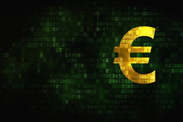 Money concept: pixelated Euro icon on digital background, empty copyspace for card, text, advertising
