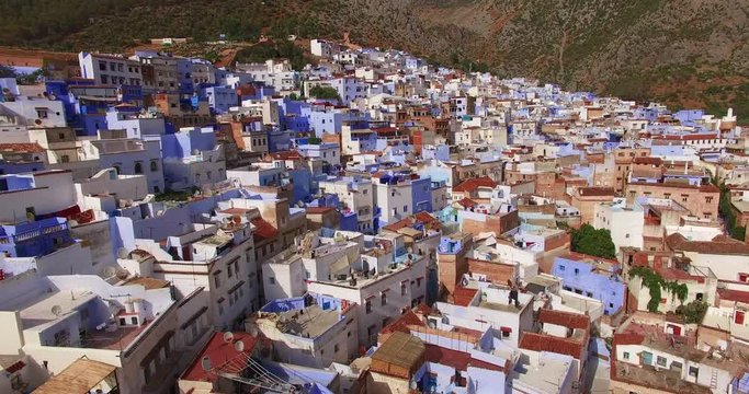 Chefchaouen, Morocco cityscape. Wide aerial shot. Aerial 4K Apr 2016