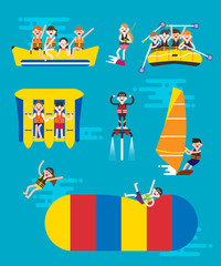 Water sports lovers. vector flat design illustration set 