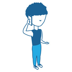 avatar man standing and talking on cellphone over white background, blue shading design. vector illustration