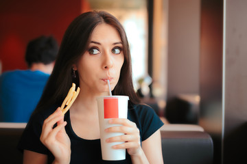 Girl Drinking Soda and Eating Fries in Fast Food Restaurant