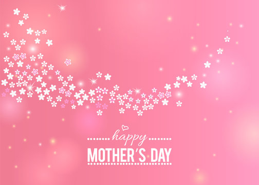 Happy Mother's Day pink greeting card with white flowers frame border. Vector holiday spring template illustration. Stream sakura background