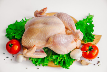 raw chicken on the cutting board, with tomatoes, garlic, mushrooms and seasonings on lettuce leaves, isolated on white background, top view