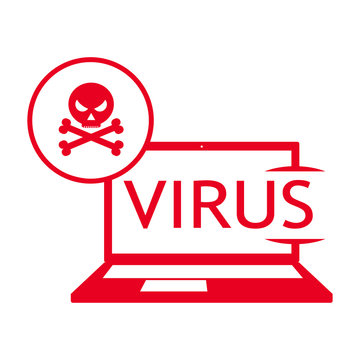 Сomputer virus. Virus destroying computer. Skull on the screen. Vector virus character.