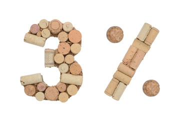 Number three 3 %  percent made of wine corks Isolated on white background