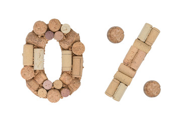 Zero percent 0 % made of wine corks Isolated on white background