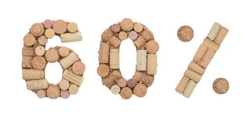 Number sixty 60%  percent made of wine corks Isolated on white background