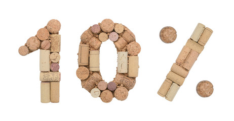Number ten 10%  percent made of wine corks Isolated on white background
