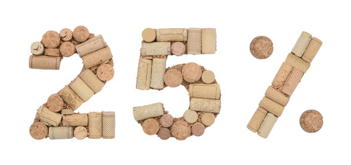 Number twenty five 25%  percent made of wine corks Isolated on white background