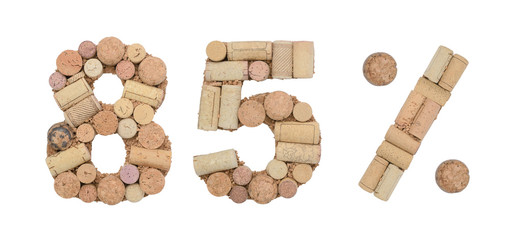 Number eighty five 85 % percent made of wine corks Isolated on white background
