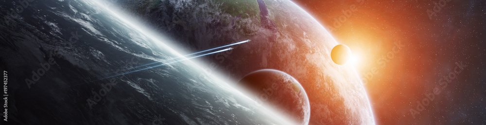 Poster Panorama of distant planet system in space 3D rendering elements of this image furnished by NASA